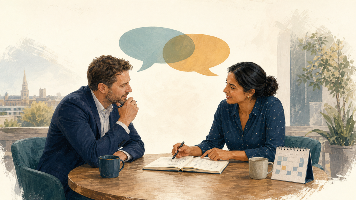 Editorial illustration of a manager and employee having a constructive feedback conversation and agreeing clear next steps.