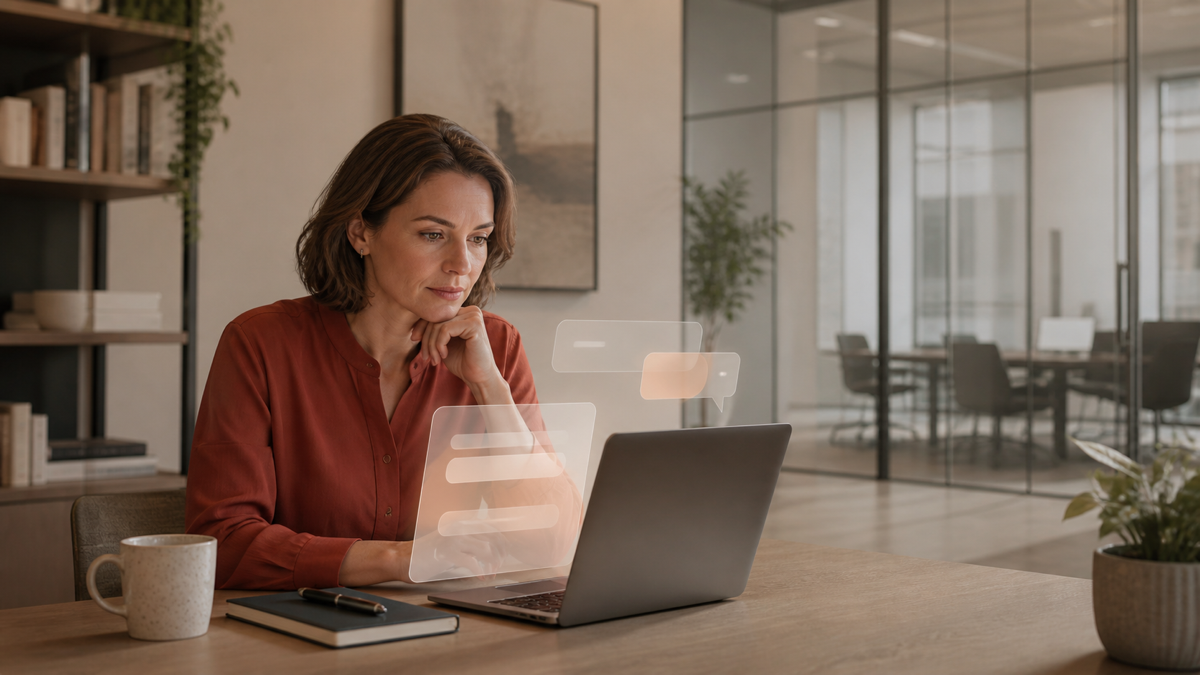 Editorial illustration of a professional using private AI coaching to prepare for a workplace conversation.