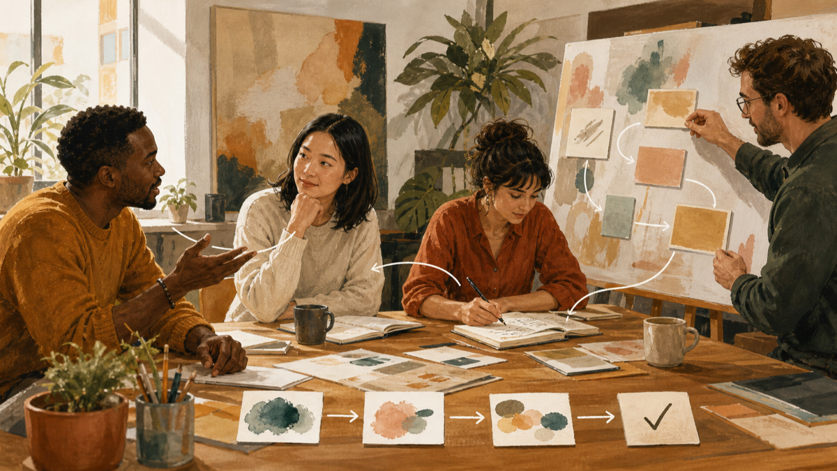 Editorial illustration of colleagues using spoken, written and reflective communication to reach a clear team decision.