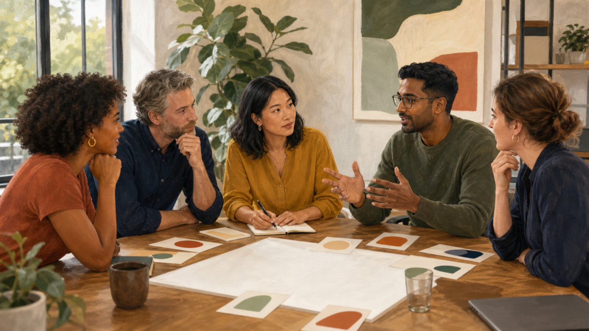 Editorial illustration of colleagues using personality insights to plan how they work together.